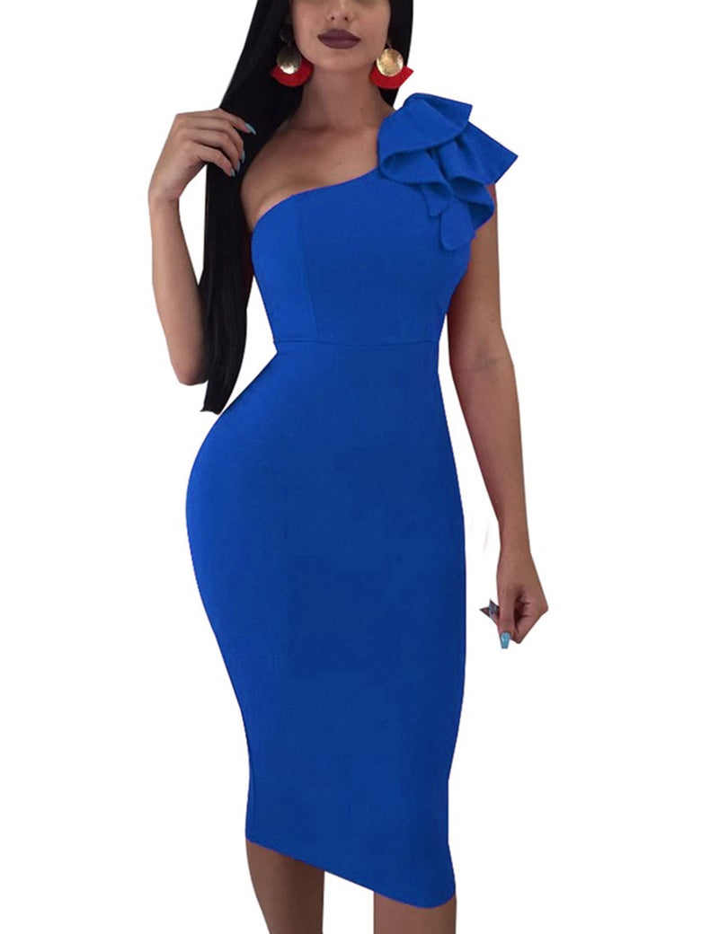 Mokoru Women's Sexy Ruffle One Shoulder Bodycon Elegant Cocktail Party Midi Dresses, Large, Royal Blue - Image 1